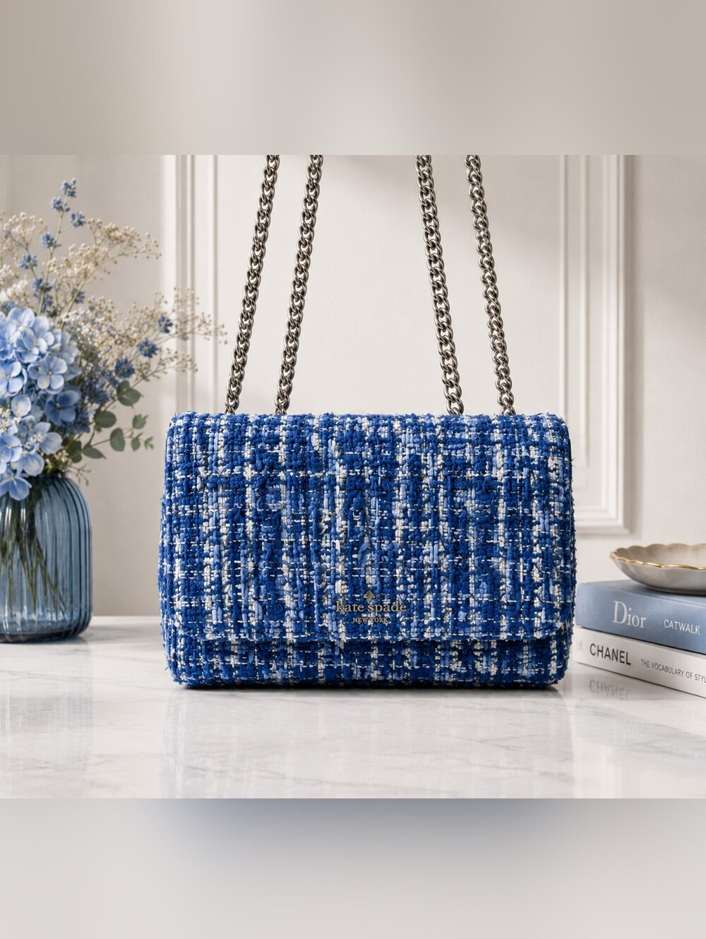 kate spade Blue & White Tweed Chain-strap Shoulder Bag